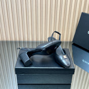 CHANEL 25S SLINGBACK SHOE LOGO 65MM IN BLACK CALFSKIN GOLD HARDWARE