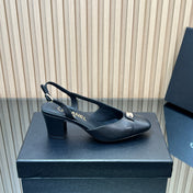 CHANEL 25S SLINGBACK SHOE LOGO 65MM IN BLACK CALFSKIN GOLD HARDWARE