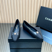 CHANEL 25S BALLET FLATS LOGO IN BLACK CALFSKIN AND CANVAS GOLD HARDWARE