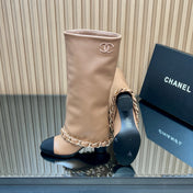 CHANEL 25S KNEE-HIGH HEELED BOOTS 65MM IN BEIGE CALFSKIN GOLD HARDWARE