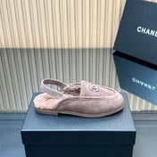 CHANEL 25S BACK STRAP MULE 15MM IN TAUPE GRAY SUEDE AND WOOL SILVER HARDWARE