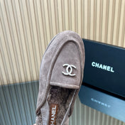 CHANEL 25S BACK STRAP MULE 15MM IN TAUPE GRAY SUEDE AND WOOL SILVER HARDWARE