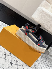LV PLATFORM ESPADRILLE SANDALS 25S IN NAVY BLUE DENIM