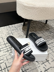 DIOR SLIDES 25S IN BLACK LAMBSKIN AND FABIRC WITH BRAND LOGO STYLE 1