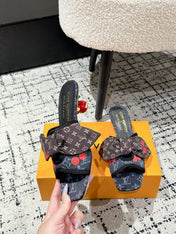 LV CHERRY HIGH HEELS 25S IN NAVY BLUE DENIM WITH BOW STYLE 2