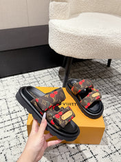 LV TWO-STRAP SLIDES 25S IN BROWN FABRIC AND BLACK CALFSKIN