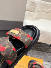 LV TWO-STRAP SLIDES 25S IN BROWN FABRIC AND BLACK CALFSKIN