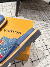 LV MIAMI-STYLE SANDALS 25S IN BLUE DENIM AND CALFSKIN