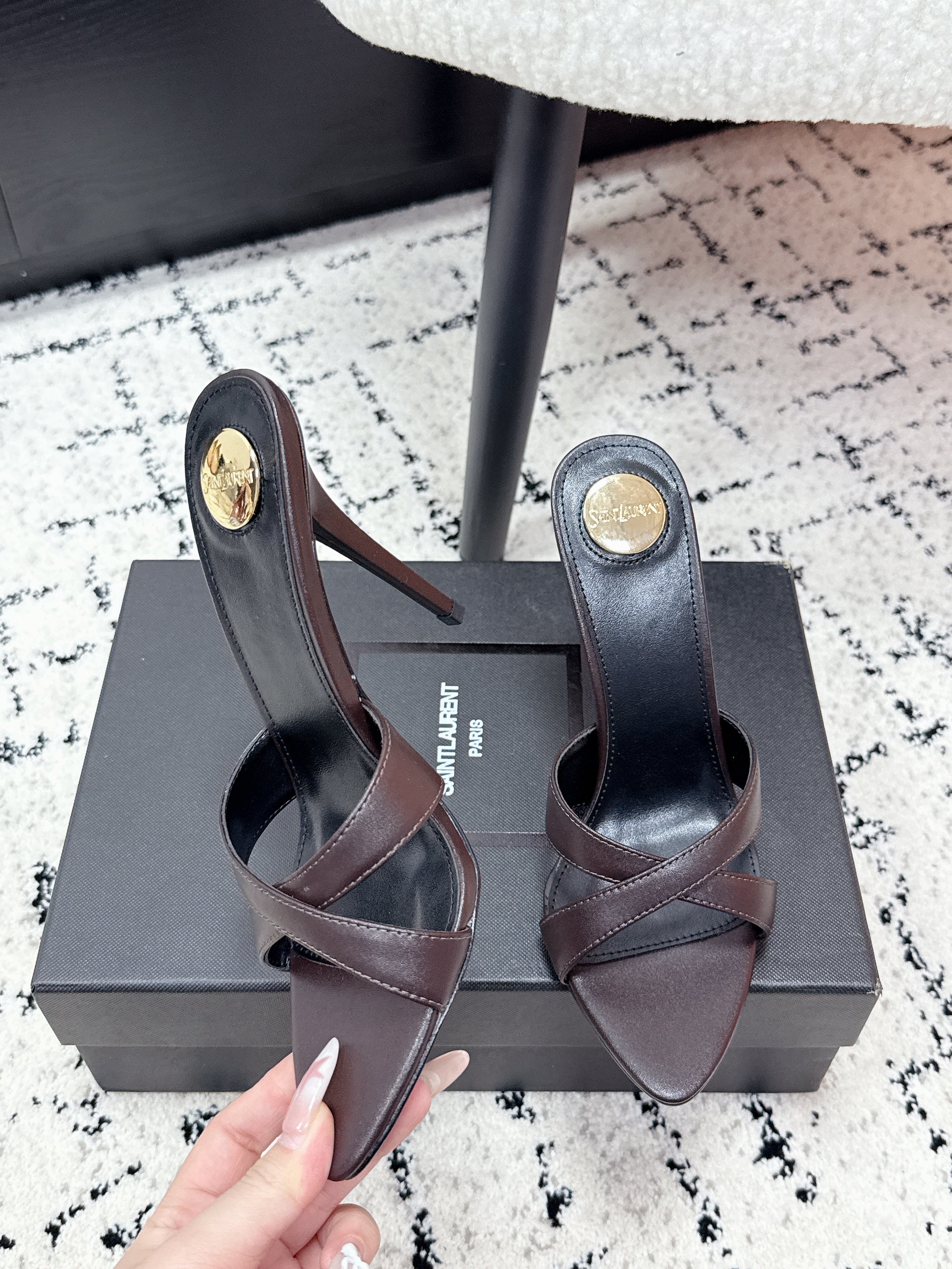 YSL 26S HEELED SANDALS 95 MM IN WINE BROWN CALFSKIN WITH CROSS STRAP