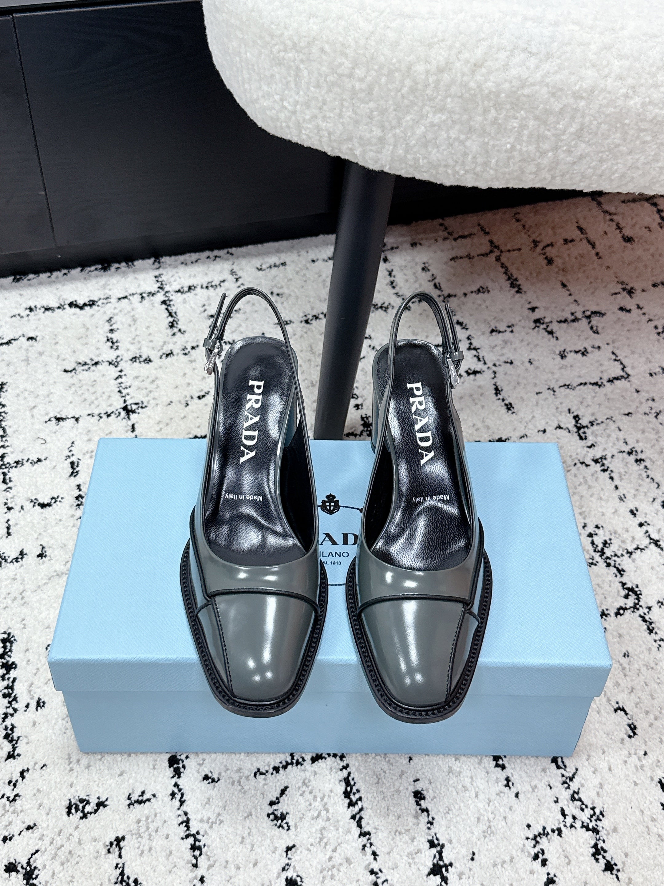 PRADA 26S SLINGBACK PUMPS 70MM IN STEEL GRAY PATENT CALFSKIN
