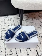DIOR 26S SLIDES IN NAVY BLUE EMBOSSED OBLIQUE LACE EMBROIDERY