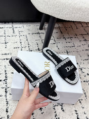 DIOR 26S SLIDES IN BLACK AND WHITE EMBOSSED OBLIQUE LACE EMBROIDERY