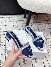 DIOR 26S HIGH HEEL SLIDES IN NAVY BLUE EMBOSSED OBLIQUE LACE EMBROIDERY