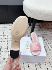 DIOR 26S HIGH HEEL SLIDES IN LIGHT PINK EMBOSSED OBLIQUE LACE EMBROIDERY