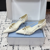 PRADA 26S POINTED-TOE HIGH HEELS 55MM IN IVORY WHITE CALFSKIN WITH BOW