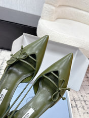 PRADA 26S POINTED-TOE HIGH HEELS 75MM IN DARK OLIVE GREEN CALFSKIN WITH BOW
