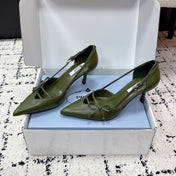 PRADA 26S POINTED-TOE HIGH HEELS 75MM IN DARK OLIVE GREEN CALFSKIN WITH BOW