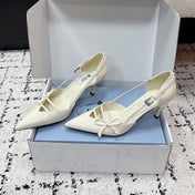 PRADA 26S POINTED-TOE HIGH HEELS 75MM IN IVORY WHITE PATENT CALFSKIN WITH BOW