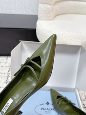 PRADA 26S POINTED-TOE HIGH HEELS 75MM IN DARK OLIVE GREEN CALFSKIN