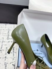PRADA 26S POINTED-TOE HIGH HEELS 75MM IN DARK OLIVE GREEN CALFSKIN