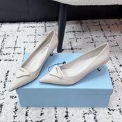 PRADA 26S POINTED-TOE HIGH HEELS 60MM IN CREAM WHITE PATENT CALFSKIN WITH LOGO