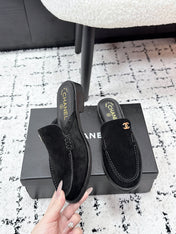 CHANEL 26S MULE LOAFERS IN BLACK SUEDE WITH CC LOGO