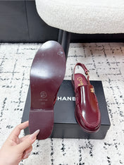 CHANEL 26S SLINGBACK LOAFERS IN BURGUNDY RED PATENT CALFSKIN WITH CC LOGO