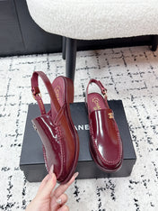 CHANEL 26S SLINGBACK LOAFERS IN BURGUNDY RED PATENT CALFSKIN WITH CC LOGO