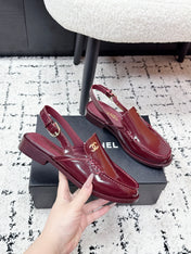 CHANEL 26S SLINGBACK LOAFERS IN BURGUNDY RED PATENT CALFSKIN WITH CC LOGO