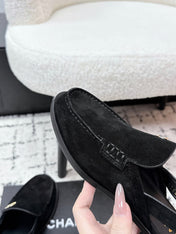 CHANEL 26S SLINGBACK LOAFERS IN BLACK SUEDE WITH CC LOGO