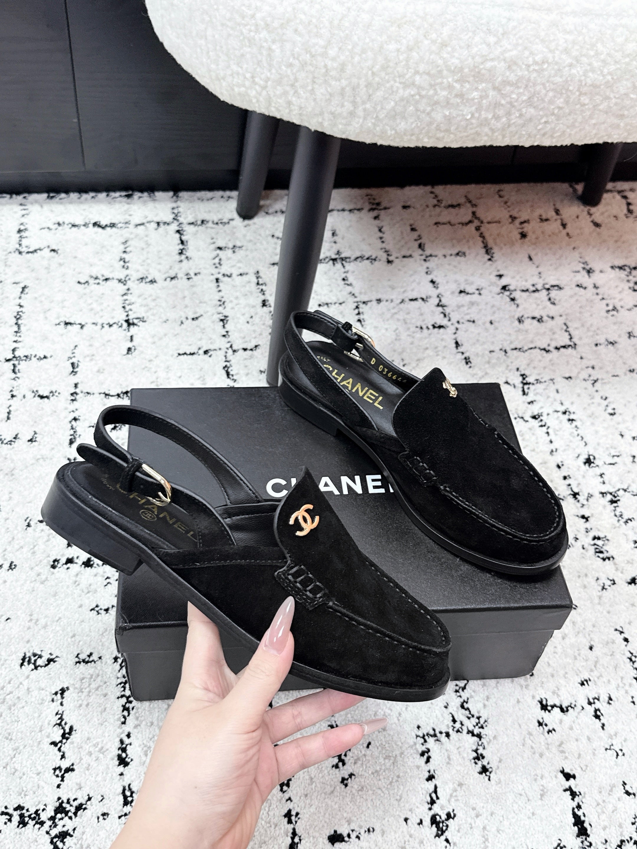 CHANEL 26S SLINGBACK LOAFERS IN BLACK SUEDE WITH CC LOGO