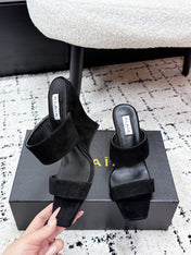 ALAIA 26S DOUBLE STRAP WEDGE SANDALS 70 MM IN BLACK SUEDE