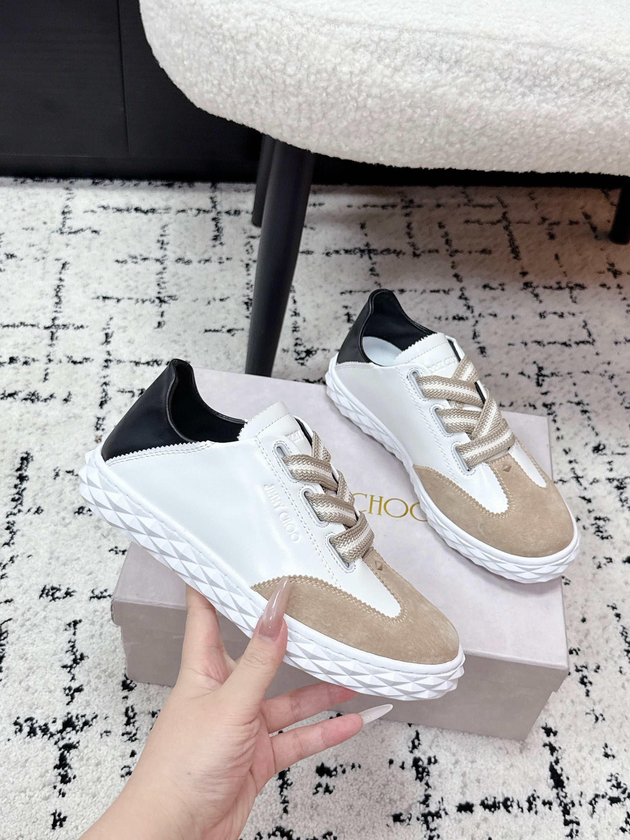 JIMMY CHOO 26S SNEAKERS IN BEIGE SUEDE AND WHITE CALFSKIN