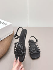 LOEWE 26S SQUARE TOE SANDALS IN BLACK CALFSKIN LOGO