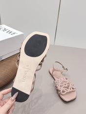 LOEWE 26S SQUARE TOE SANDALS IN PINK CALFSKIN LOGO