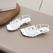 LOEWE 26S SQUARE TOE HEEL SANDALS 50MM IN WHITE CALFSKIN LOGO