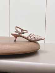 LOEWE 26S SQUARE TOE HEEL SANDALS 50MM IN PINK CALFSKIN LOGO