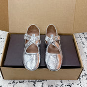 ALAIA 26S CROSS-STRAP BALLET FLATS IN SILVER LAMBSKIN