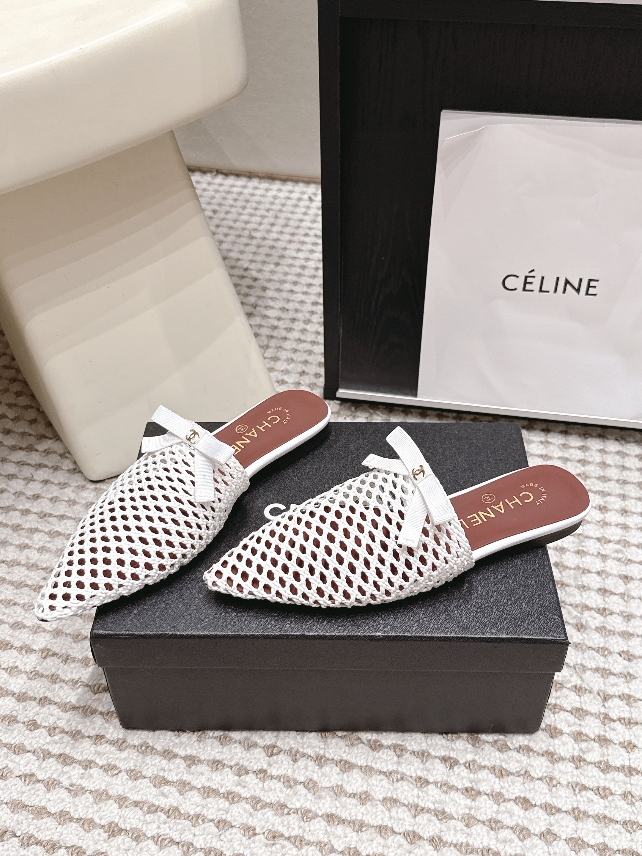 CHANEL 26S POINTED-TOE MULES IN WHITE MESH