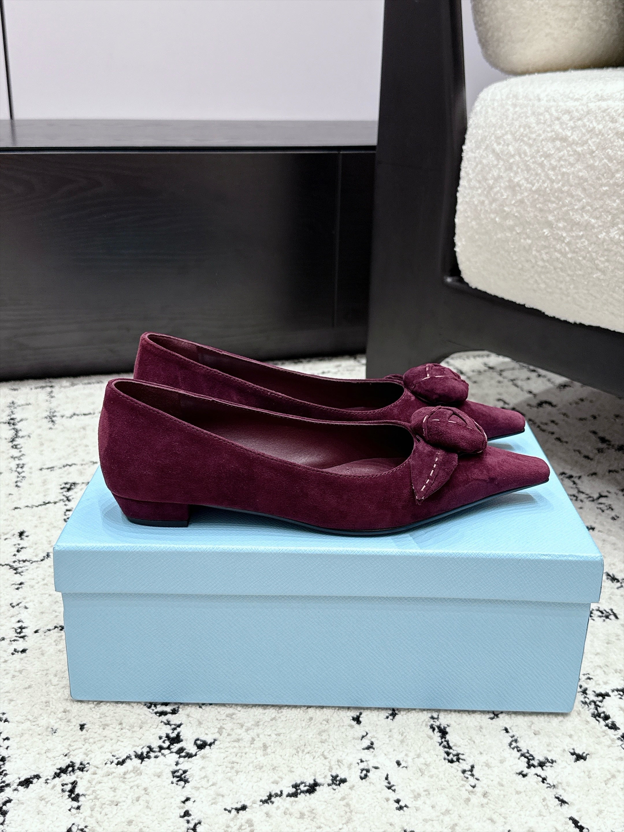 PRADA 26S POINTED-TOE BALLET IN BURGUNDY SUEDE