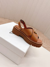 PRADA 25S SANDALS IN LIGHT TAN CALFSKIN LOGO GOLD HARDWARE