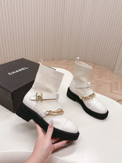 CHANEL ANKLE BOOTS 25S IN CREAM WHITE LAMBSKIN AND FABRIC WITH GOLD HARDWARE