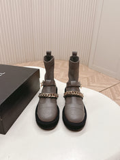 CHANEL ANKLE BOOTS 25S IN SMOKY GRAY LAMBSKIN AND FABRIC WITH GOLD HARDWARE