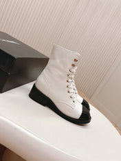 CHANEL ANKLE BOOTS 25S IN WHITE MIX BLACK LAMBSKIN WITH ZIPPER