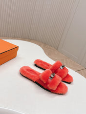 HM 25S ORAN SANDAL IN RED ORANGE SHEARLING WITH SILVER HARDWARE