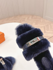 HM 25S ORAN SANDAL IN CHARCOAL NAVY SHEARLING WITH SILVER HARDWARE