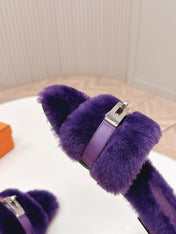 HM 25S ORAN SANDAL IN DARK PURPLE SHEARLING WITH SILVER HARDWARE