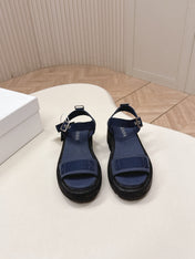 PRADA 26S SINGLE STRAP CHUNKY SOLE SANDALS IN NAVY BLUE CANVAS