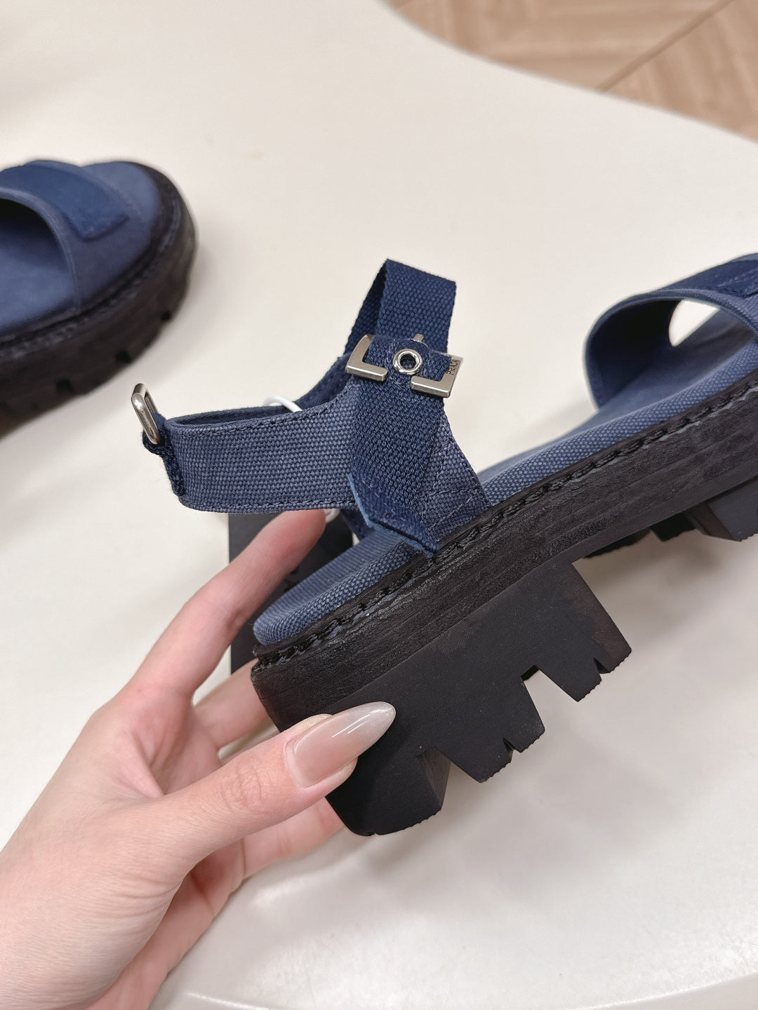 PRADA 26S SINGLE STRAP CHUNKY SOLE SANDALS IN NAVY BLUE CANVAS