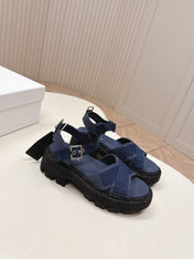 PRADA 26S CROSS STRAP CHUNKY SOLE SANDALS IN NAVY BLUE CANVAS
